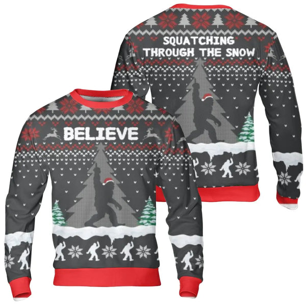 Bigfoot Ugly Christmas Sweater, Squatching Through the Snow Sweatshirt, Sasquatch Holiday Graphic Sweatshirt, Winter Bigfoot 