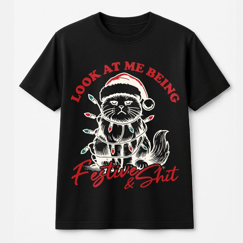 Humorous Cat Christmas T-Shirt, Grumpy Santa Kitten Shirt, Holiday Lights Cat Tee, Sarcastic Kitten Graphic Shirt, Cat Lover Xmas Present