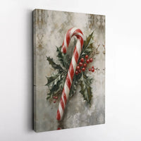 Holly Berries Botanical Print, Vintage Christmas Candy Cane Canvas Wall Art, Festive Holiday Wall Decor, Retro Seasonal Xmas Canvas