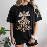 Festive Polka Dot Bow Shirt, Leopard Print Christmas Tree T-Shirt, Adorable Winter Holiday Graphic Tee, Retro Xmas Tree T-Shirt, Womens Present