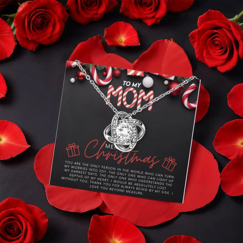 Merry Christmas Mom Necklace, Mom Love Knot Necklace, Rotating Rose Box Love Knot Pendant, Holiday CZ Crystal Jewelry, Present for Mother