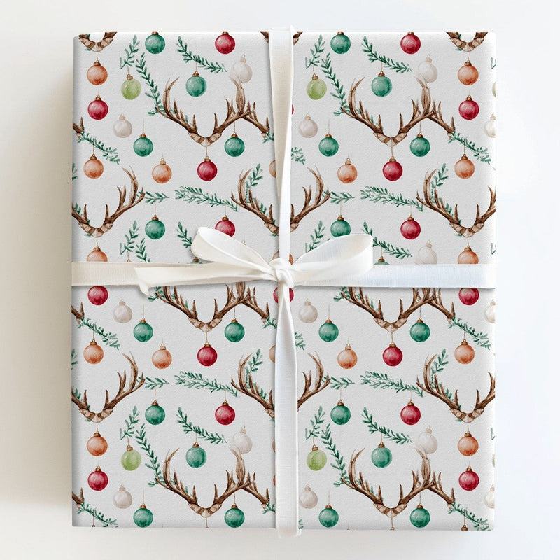 Rustic Holiday Ornament Gift Wrap, Deer Antler Christmas Wrapping Paper, Farmhouse Woodland Wrapping Paper, Festive Winter Gift Wrap Roll