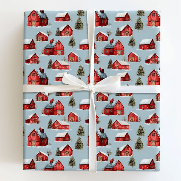 Rustic Red Farmhouse Gift Wrap, Winter Barn Christmas Wrapping Paper, Snowy Country Landscape Wrapping Paper, Holiday Festive