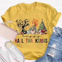 Halloween Fall Christmas Shirt, Hallothanksmas T-Shirt, Humorous Holiday Season Graphic Tee, Adorable Autumn Xmas T-Shirt, Present for Him and Her