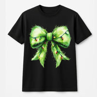 Holiday Lights Tee, Furry Green Bow Christmas Shirt, Adorable Coquette Christmas T-Shirt, Retro Xmas Graphic Tee, Holiday Present for Women