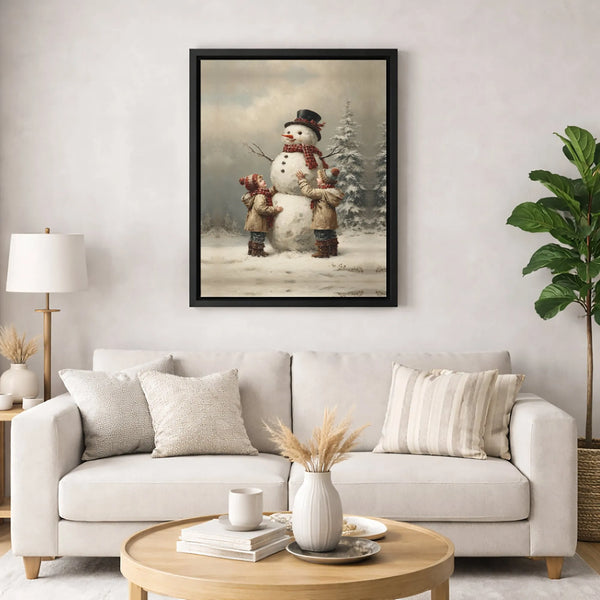 Nostalgic Winter Scene Canvas Print, Vintage Children Building Snowman Canvas Wall Art, Christmas Holiday Canvas Decor
