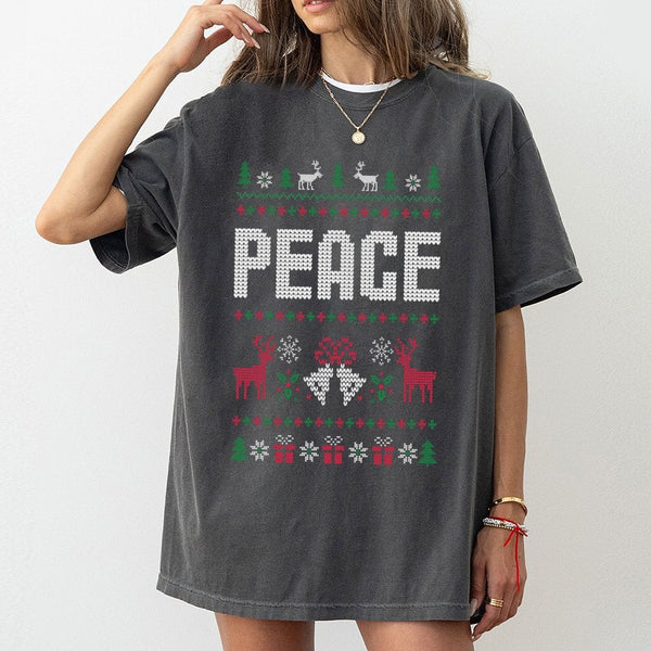 Retro Reindeer Holiday Graphic Tee, Peace Ugly Christmas T-Shirt, Snowflake Xmas Shirt, Festive Christmas Shirt, Holiday Pres