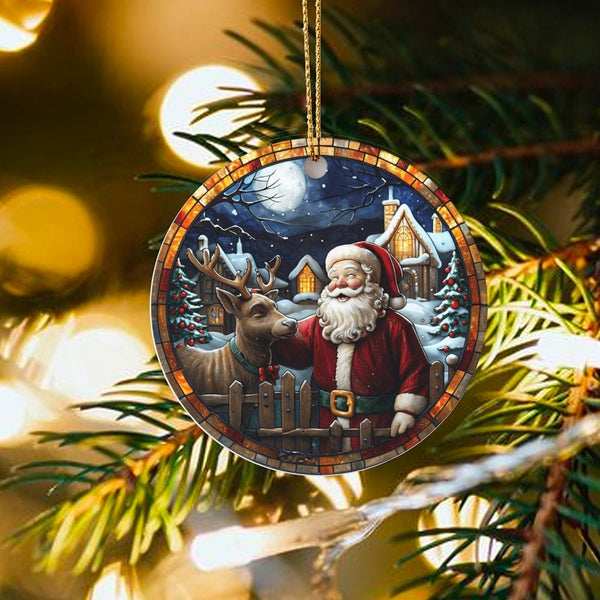 Snowy Village Christmas Ornament, Stained Glass Santa Reindeer Ornament, Festive Ceramic Tree Ornament, Winter Holiday Keepsa