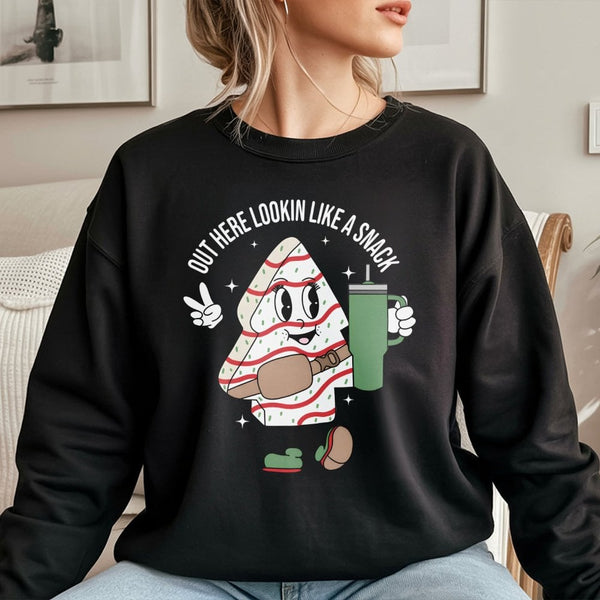 Lookin Like A Snack Sweater, Christmas Tree Cake Sweatshirt, Humorous Holiday Snack Graphic Crewneck, Retro Xmas Tree Cake Pr