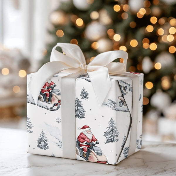 Winter Forest Holiday Gift Wrap, Santa Riding Snowmobile Wrapping Paper, Watercolor Snowmobile Paper, Christmas Present Wrapp