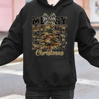 Leopard Bow Holiday Sweatshirt, Camo Christmas Tree Hoodie, Country Xmas Graphic Pullover, Merry Festive Hooded Sweater, Winter Holiday Present