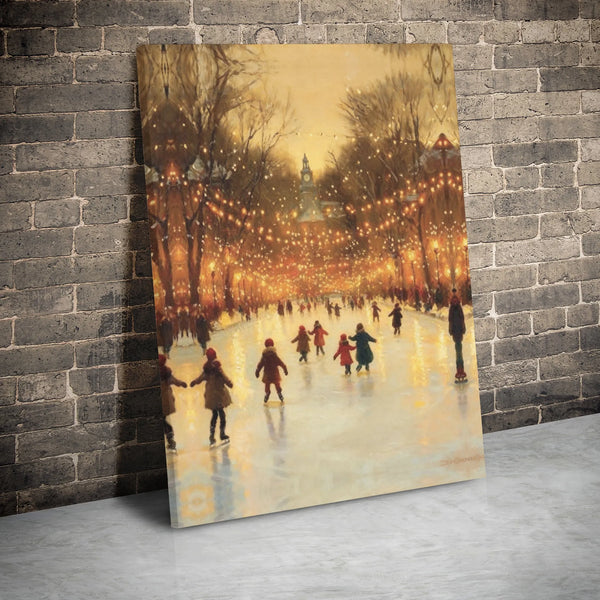 Whimsical Night Park Fairy Lights Decor, Winter Ice Skating Canvas Art, Festive Christmas Canvas Print, Comfy Holiday Wall De