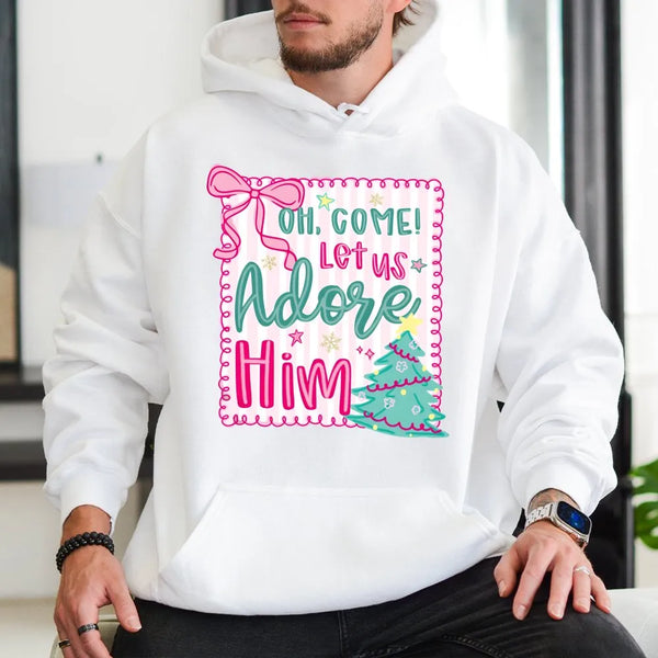 Pink Coquette Christmas Hoodie, Oh Come Let Us Adore Him Hoodie, Retro Christian Holiday Sweatshirt, Adorable Religious Faith