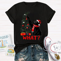 Humorous Holiday Cat Chaos Shirt, Black Cat Pushing Christmas Tree T-Shirt, Adorable Festive Kitty Graphic Tee, Cat Lover Christmas Present