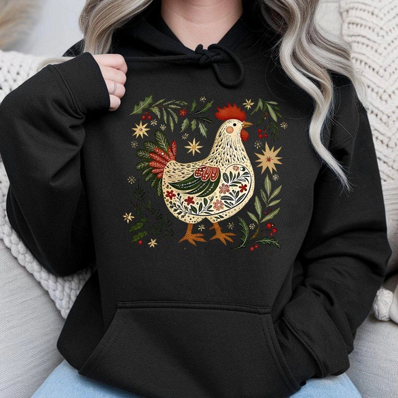 Folk Art Farm Animal Holiday Sweatshirt, Christmas Chicken Hoodie, Farmhouse Hen Winter Pullover, Country Rooster Xmas Lover Hoodie