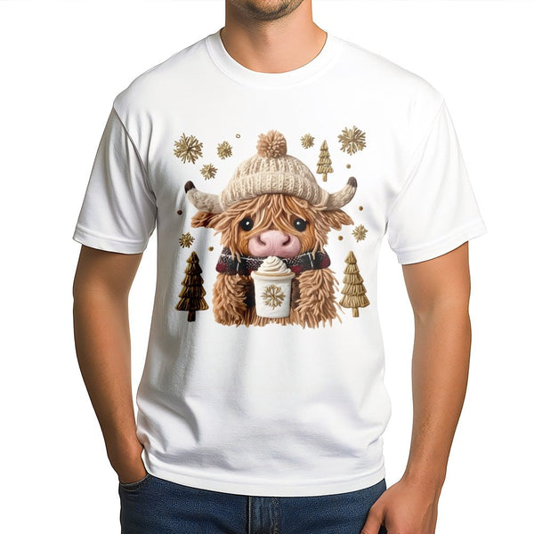 Adorable Winter Holiday Graphic Tee, Christmas Highland Cow Coffee T-Shirt, Festive Farmhouse Cow Shirt, Comfy Xmas Aesthetic