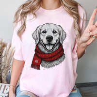 Dog with Red Scarf Holiday Shirt, Golden Retriever Christmas T-Shirt, Festive Xmas Dog Lover Graphic Tee, Adorable Puppy Holiday Present