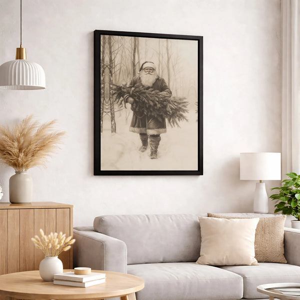 Sketch Santa Carrying Tree Canvas Print, Vintage Santa Claus Wall Art, Rustic Christmas Canvas Decor, Holiday Canvas Art, Xma