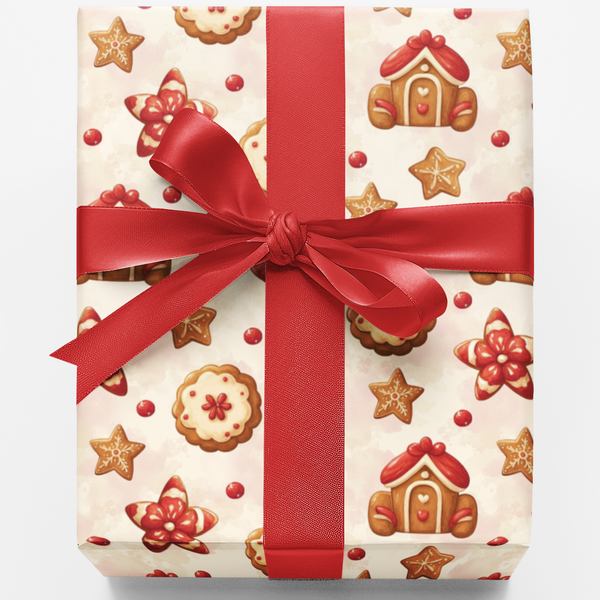 Gingerbread Holiday Gift Wrap, Cookie Cottage Christmas Wrapping Paper, Adorable Frosted Cookie Present Wrap, Festive Xmas Gi
