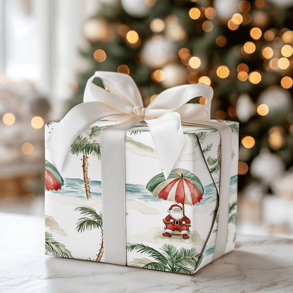Beach Christmas Gift Wrap, Tropical Santa Wrapping Paper, Coastal Holiday Vacation Wrapping Paper, Palm Tree Summer Wrapping 