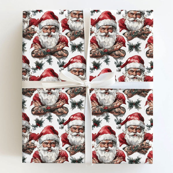 Buff Santa Claus Gift Wrap, Tattooed Santa Wrapping Paper, Edgy Hipster Christmas Wrapping Paper, Humorous Holiday Gift Wrap,
