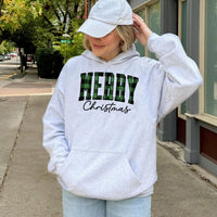 Green Plaid Buffalo Check Sweatshirt, Merry Christmas Hoodie, Rustic Winter Tree Holiday Pullover, Comfy Xmas Apparel Present for Women