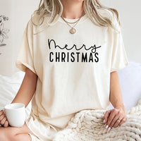 Minimalist Typographic Script Tee, Merry Christmas T-Shirt, Festive Holiday Season Shirt, Adorable Christmas Eve Graphic Top Present for Her