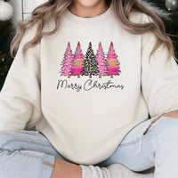Merry Christmas Sweatshirt, Pink Leopard Christmas Tree Sweatshirt, Retro Holiday Leopard Tree Crewneck, Festive Winter Graphic Pullover