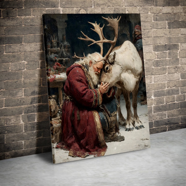 Nostalgic Christmas Oil Painting Canvas Print, Santa Claus and Reindeer Canvas Wall Art, Vintage Holiday Canvas Decor, Santa 
