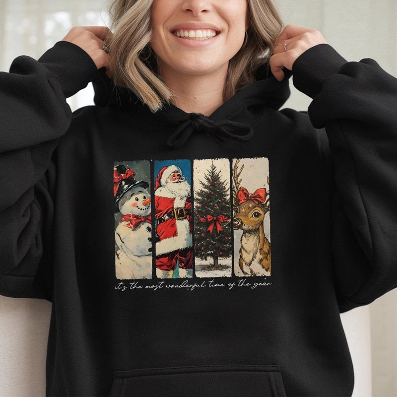 Retro Santa Reindeer Snowman Hoodie, Vintage Christmas Hoodie, Coquette Bow Xmas Sweatshirt, Holiday Graphic Hoodie, Winter Christmas Present