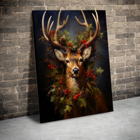 Festive Deer Holly Wreath Canvas Print, Christmas Stag Canvas Wall Art, Rustic Winter Animal Canvas Decor, Holiday Living Room Wall Art