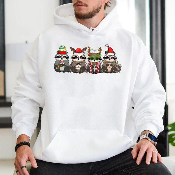 Adorable Holiday Wildlife Raccoon Hoodie, Christmas Raccoon Hoodie, Animal Lover Xmas Hooded Sweatshirt, Festive Winter Racco