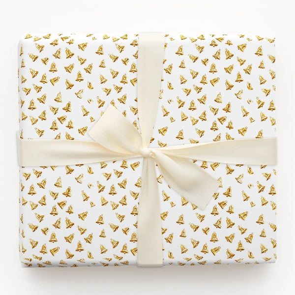 Shimmer Holiday Bells Gift Wrap, Golden Bell Wrapping Paper, White and Gold Christmas Wrapping Paper, Festive Winter Holiday 