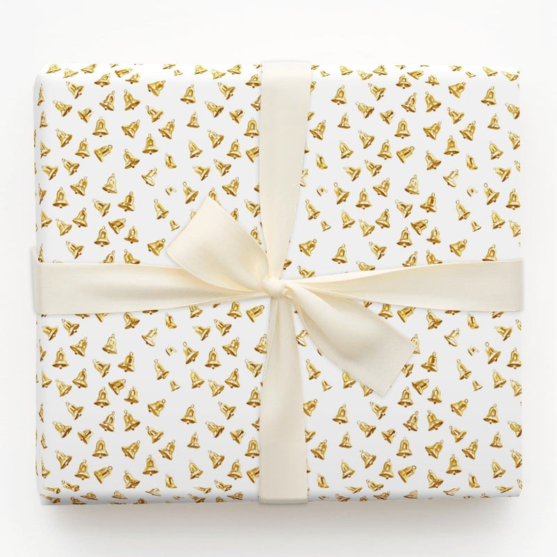 Shimmer Holiday Bells Gift Wrap, Golden Bell Wrapping Paper, White and Gold Christmas Wrapping Paper, Festive Winter Holiday Wrapping Paper