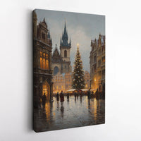 Old Town Square Winter Landscape Print, Prague Christmas Market Canvas Wall Art, Prague Winter Canvas, European Holiday Home Wall Decor