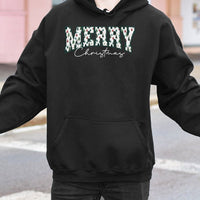Retro Pine Tree Lettering Hoodie, Merry Christmas Varsity Hoodie, Vintage Winter Aesthetic Hooded Sweatshirt, Festive Xmas Pullover