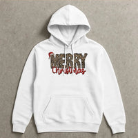 Festive Santa Hat Graphic Sweatshirt, Merry Christmas Leopard Print Hoodie, Adorable Cheetah Holiday Pullover, Winter Hooded Sweater