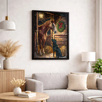 Snowy Winter Barn Stable Print, Christmas Horse and Black Lab Canvas Art, Rustic Holiday Wall Decor, Dog Lover Present, Digital Download