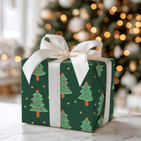 Pine Tree and Stars Gift Wrap, Dark Green Christmas Tree Wrapping Paper, Festive Holiday Wrapping Paper, Adorable Seasonal Xmas Gift Wrap Roll