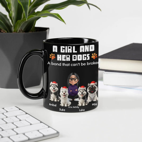 Adorable Cartoon Girl and Dogs Santa Mug, Personalized Dog Mom Coffee Mug, Christmas Holiday Dog Parent Ceramic Cup, Winter D