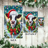 Winter Farm Animal Yard Banner, Christmas Cow Santa Hat Garden Flag, Double Sided Holiday Farmhouse Flag, Porch Lawn Decor