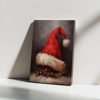 Impressionist Oil Painting Canvas, Santa Hat Canvas Wall Art, Vintage Christmas Canvas Print, Holiday Wall Art Decor, Winter Xmas Canvas