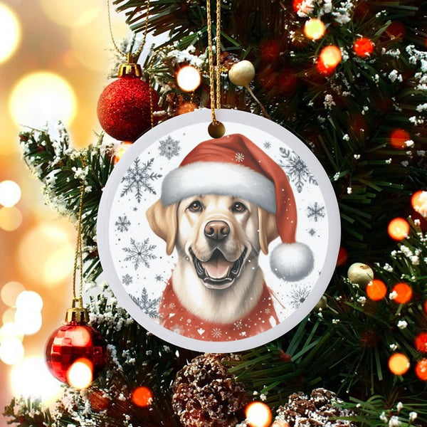 Lab in Santa Hat Ceramic Ornament, Yellow Labrador Christmas Ornament, Snowflake Dog Tree Decor, Holiday Keepsake Present for
