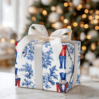 Blue Toile Floral Gift Wrap, Nutcracker Wrapping Paper, Watercolor Nutcracker Soldier Wrapping Paper, Christmas Holiday Present Gift Wrap