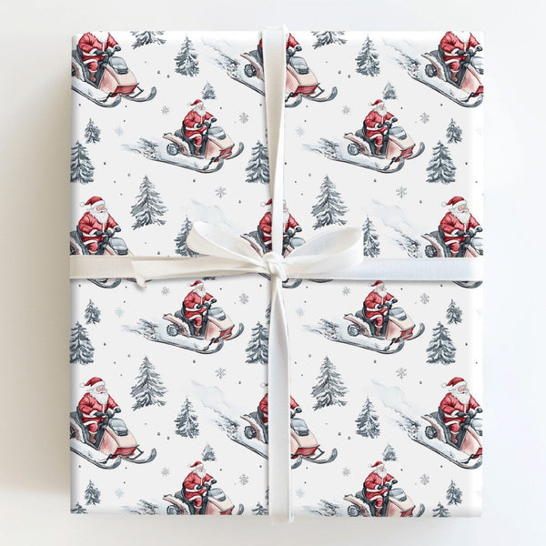 Winter Forest Holiday Gift Wrap, Santa Riding Snowmobile Wrapping Paper, Watercolor Snowmobile Paper, Christmas Present Wrapp