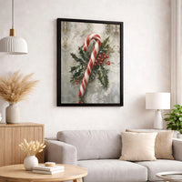Holly Berries Botanical Print, Vintage Christmas Candy Cane Canvas Wall Art, Festive Holiday Wall Decor, Retro Seasonal Xmas Canvas