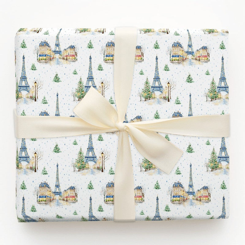 Snowy Eiffel Tower Gift Wrap, Paris Christmas Wrapping Paper, Watercolor France Holiday Wrapping Paper, Winter City Gift Wrap, Travel Paper