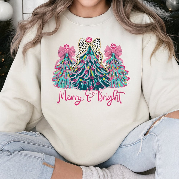 Merry and Bright Holiday Crewneck, Coquette Christmas Tree Bow Sweatshirt, Preppy Christmas Tree Sweater, Adorable Winter Gra