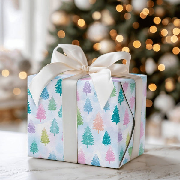 Watercolor Pine Tree Gift Wrap, Pastel Christmas Tree Wrapping Paper, Colorful Holiday Tree Wrapping Paper, Whimsical Winter 