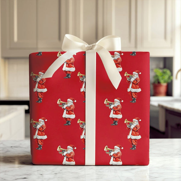 Red Musical Christmas Gift Wrap, Santa Playing Trumpet Wrapping Paper, Vintage Santa Claus Wrapping Paper, Holiday Present Wr